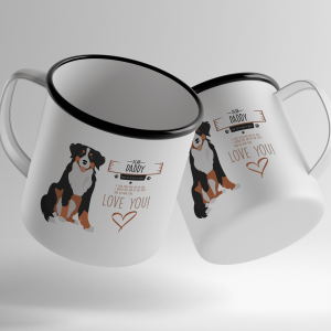 Berner Sennenhunden Berne - I love you - To hvite metallkopper med teksten 