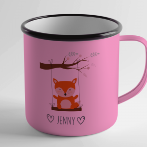 Barnekoppen Rev er en rosa metallkopp med revemotiv og navnet Jenny