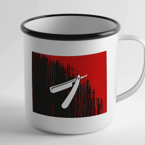 Filmkoppen #4 - En hvit metallkopp med et design av hvit barberkniv på svart bakgrunn med blod rennende fra øvre høyre hjørne