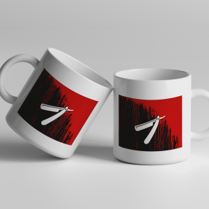 Filmkoppen #4 - To hvite keramikk-kopper med et design av hvit barberkniv på svart bakgrunn med blod rennende fra øvre høyre hjørne