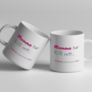Mamma har alltid rett - verdens beste mamma-kopp. To hvite keramikk-kopper med teksten 